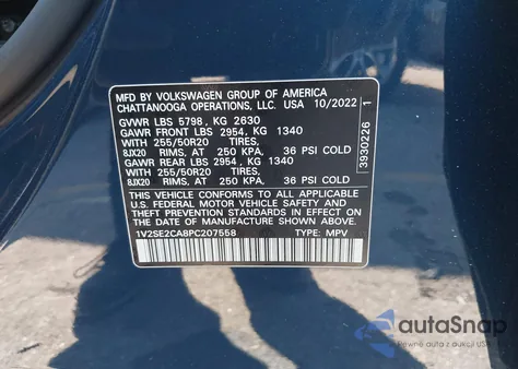 2023 Volkswagen Atlas Cross Sport 3.6L V6 Sel/3.6L V6 Sel R-Line Black z USA, uszkodzony, nr VIN 1V2SE2CA8PC207558